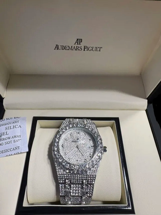 All Silver Audemars Piguet Iced Out Watch With Box